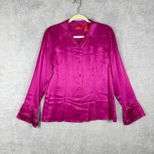 VTG Oscar de la Renta 100% Silk Satin Button Up Blouse Size 10 Pink Pleated Cuff